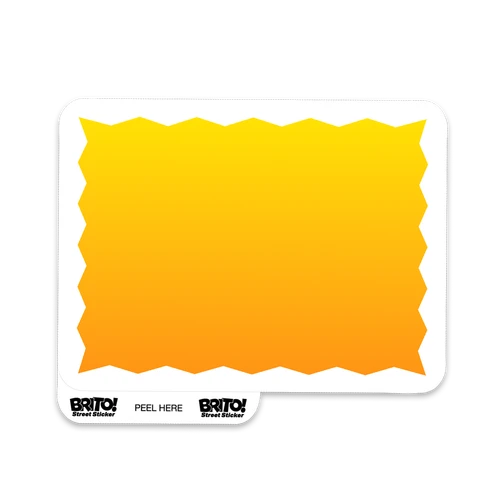 Image of a single sticker with a sunset gradient with a jagged white boarder and a peel tab with the words 'Brito! Peel Here'