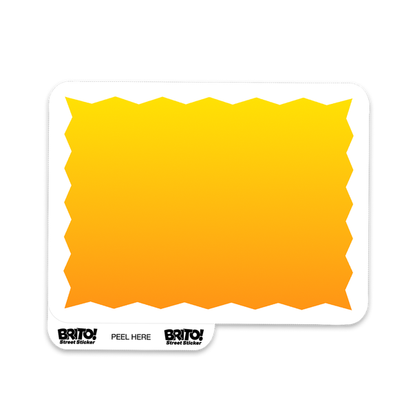 Image of a single sticker with a sunset gradient with a jagged white boarder and a peel tab with the words 'Brito! Peel Here'