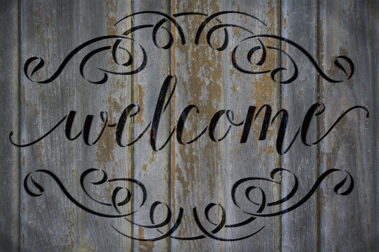 Welcome Word Stencil  with Flourishes - 12" x 8" - STCL1007_2 - by StudioR12