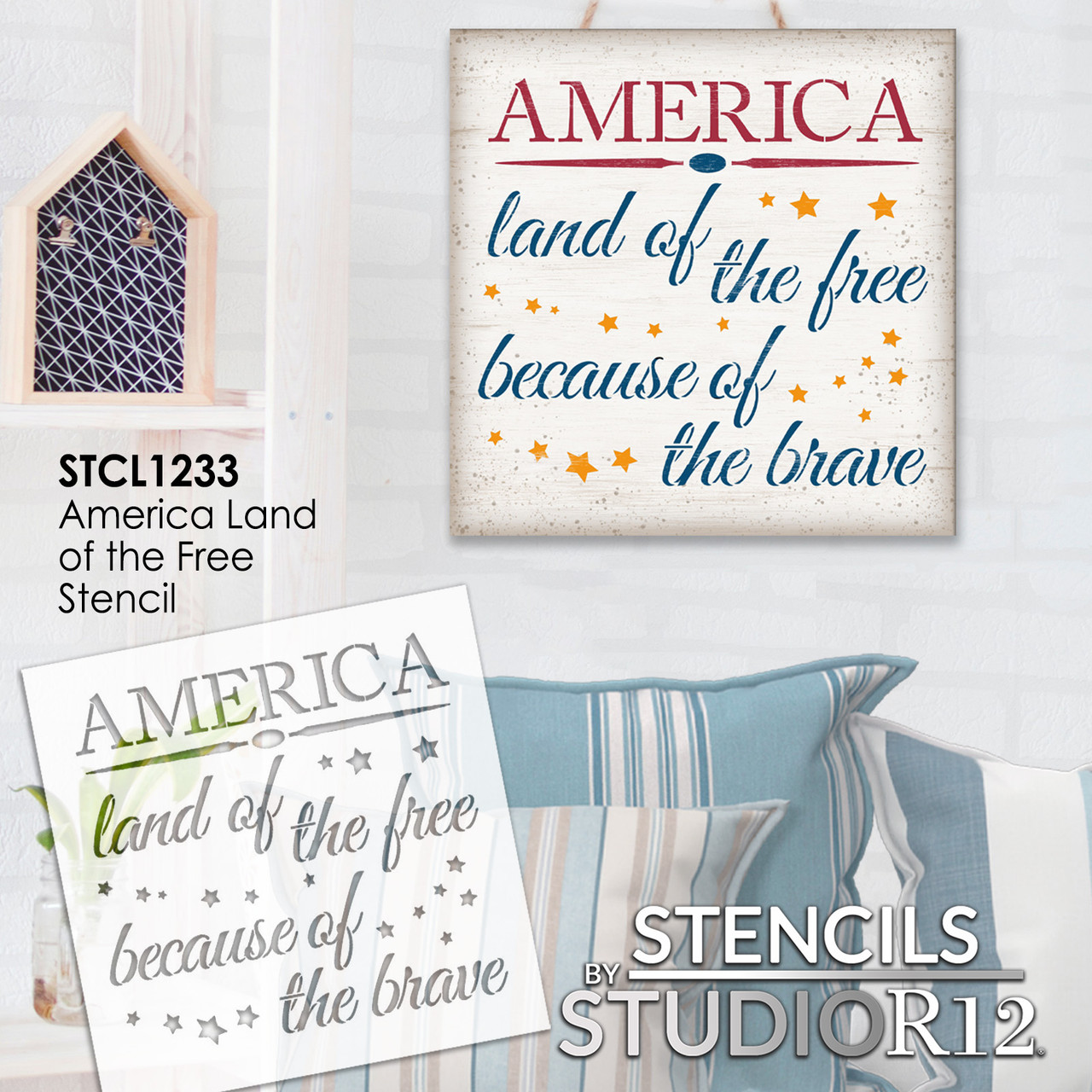 America - Land of The Free Because of the Brave - Word Art Stencil - 12" x 12" - STCL1233_2 by StudioR12