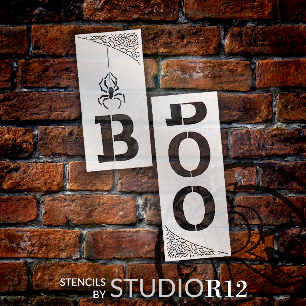 Boo Tall Porch Stencil with Spider Web by StudioR12 | 2 Piece | DIY Large Vertical Fun Halloween Home Decor | Front Door Entryway | Craft & Paint Wood Leaner Signs | Reusable Mylar Template | Size 4ft