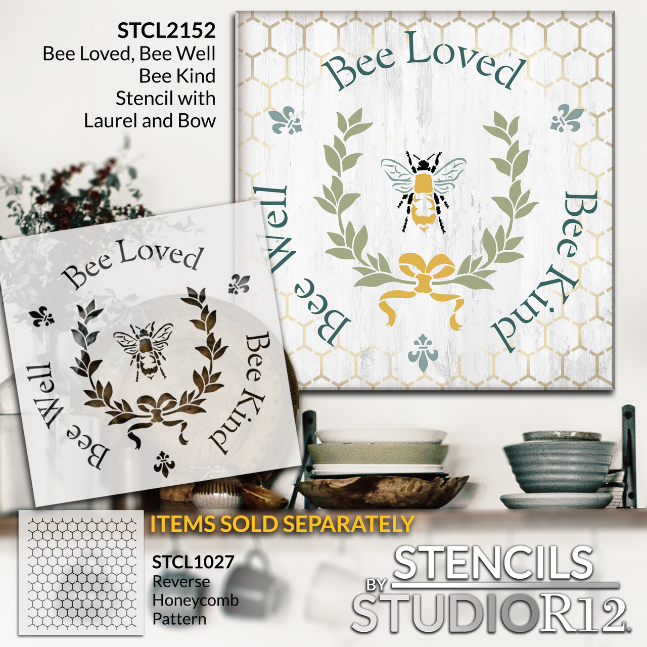 Bee Kind, Bee Well, Bee Loved - Round  - Word Art Stencil - 12" x 12" - STCL2152_2 - by StudioR12