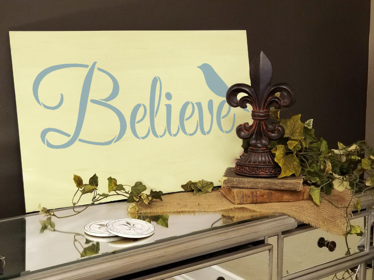 Believe Word Stencil with Bird by StudioR12 -  Faith & Inspiration Word At - 30" x 11" - STCL2412_5