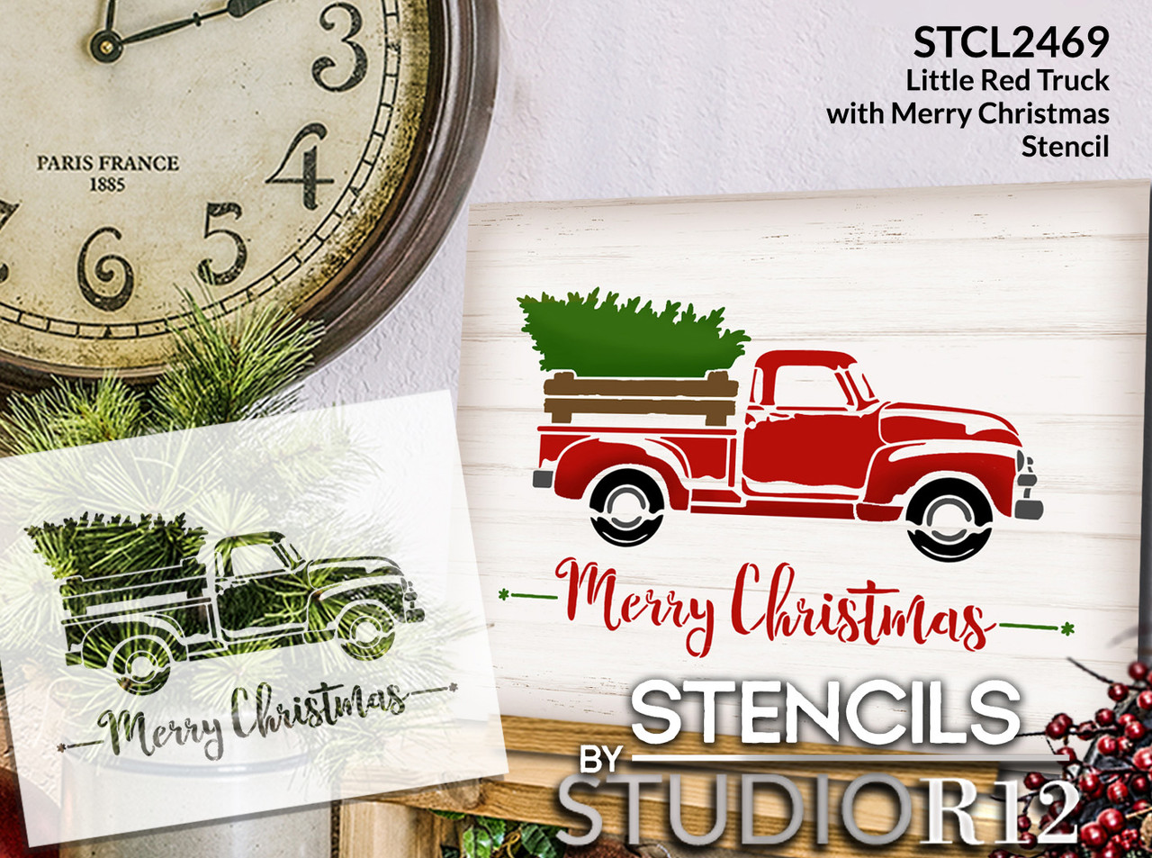 Little Red Truck With Merry Christmas Script Stencil - Choose Size