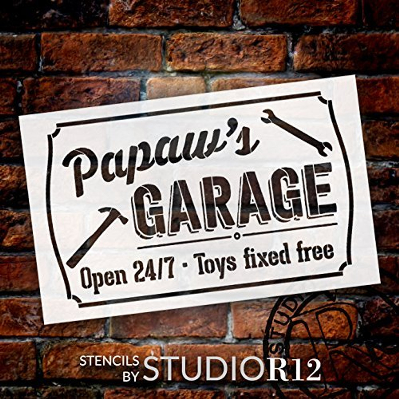 Papaw's Garage - Open 24/7 Sign Stencil by StudioR12 | Reusable Mylar Template | Use to Paint Wood Signs - Pallets - DIY Grandpa Gift - Select Size