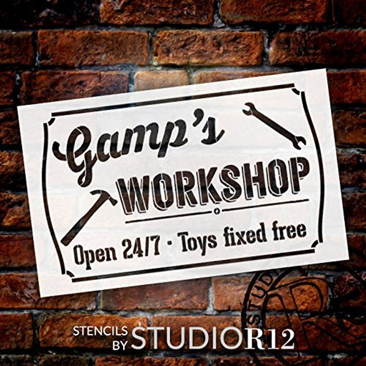 Gamp's Workshop - Open 24/7 Sign Stencil by StudioR12 | Reusable Mylar Template | Use to Paint Wood Signs - Pallets - DIY Grandpa Gift - Select Size