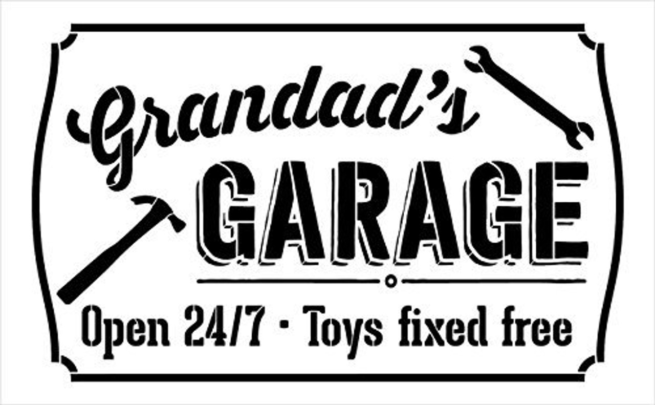 Grandad's Garage - Open 24/7 Sign Stencil by StudioR12 | Reusable Mylar Template | Use to Paint Wood Signs - Pallets - DIY Grandpa Gift - Select Size