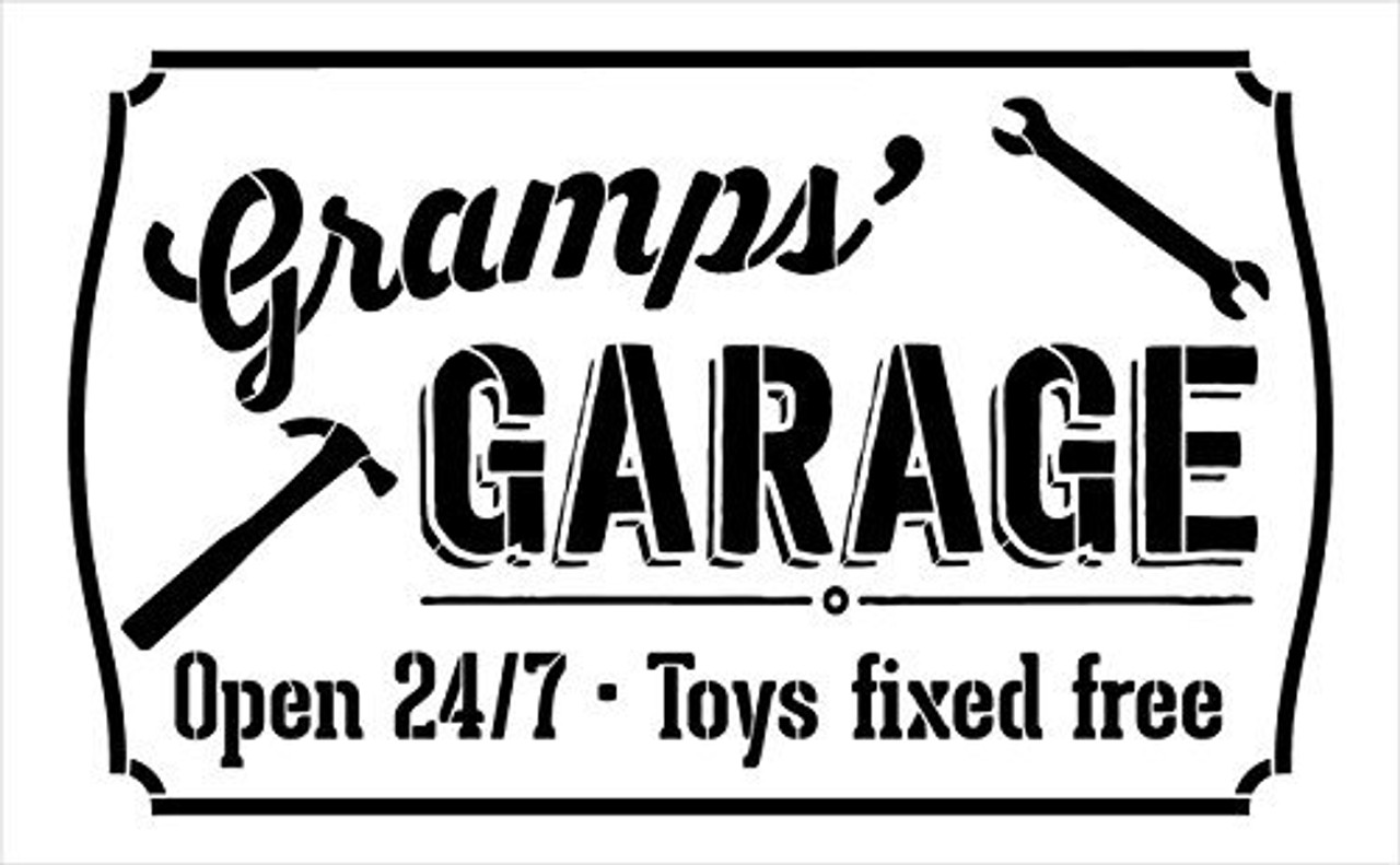 Gramps' Garage - Open 24/7 Sign Stencil by StudioR12 | Reusable Mylar Template | Use to Paint Wood Signs - Pallets - DIY Grandpa Gift - Select Size
