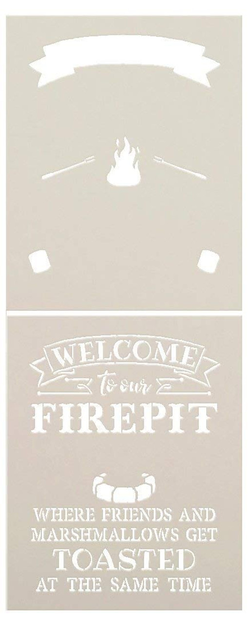 Welcome to Our Firepit Stencil - 2 Part - by StudioR12 | Reusable Mylar Template | Use to Paint Wood Signs - DIY Campfire Decor Decor - Select Size