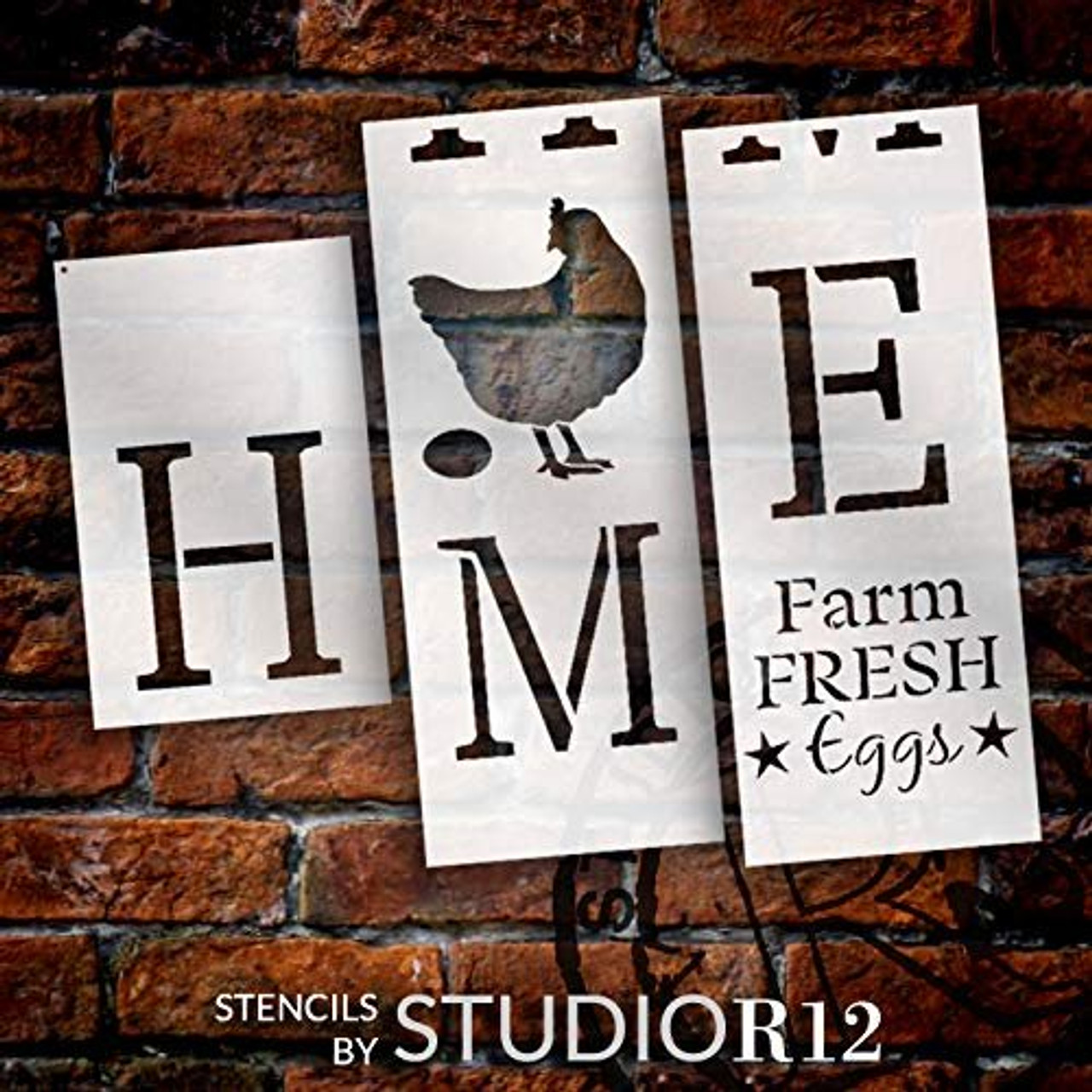 Home Tall Porch Stencil with Chicken by StudioR12 | 3 Piece | Farm Fresh Eggs | DIY Large Vertical Country Farmhouse Outdoor Decor | Craft & Paint Wood Leaner Sign | Reusable Mylar Template | Size 6ft