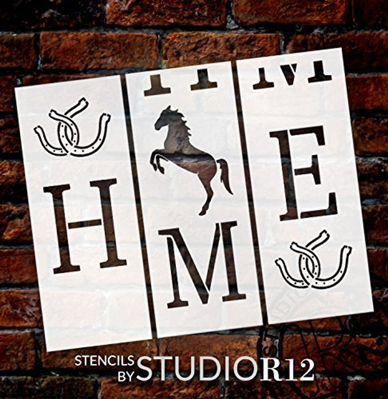 Home Tall Porch Stencil by StudioR12 | Rearing Horse & Horseshoes | 3 Piece | DIY Large Vertical Country Farmhouse Outdoor Decor | Craft & Paint Wood Leaner Signs | Reusable Mylar Template | Size 6ft