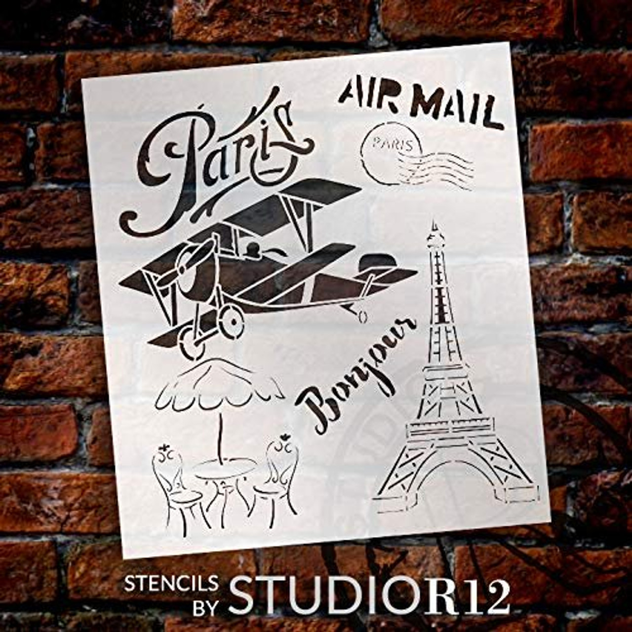 Paris Air Mail Art Stencil by StudioR12 | Reusable Mylar Template | Use to Paint Wood Signs - Pallets - Pillows - Luggage - DIY French Decor - Select Size