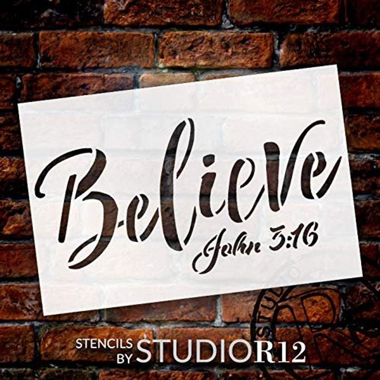 Believe John 3:16 Stencil by StudioR12 | Christian & Inspirational Wall Art | Rustic Farmhouse Faith Decor | Paint Wood Signs | Reusable Mylar Template | DIY Home Crafting | Select Size