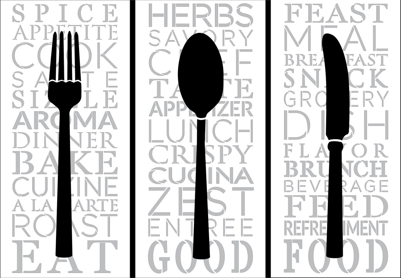 Silverware with Kitchen Background Words Stencil - 6 Part by StudioR12 | Reusable Mylar Template | Use for Painting Wood Signs - DIY Kitchen & Dining Decor - Mixed Media | Select Size