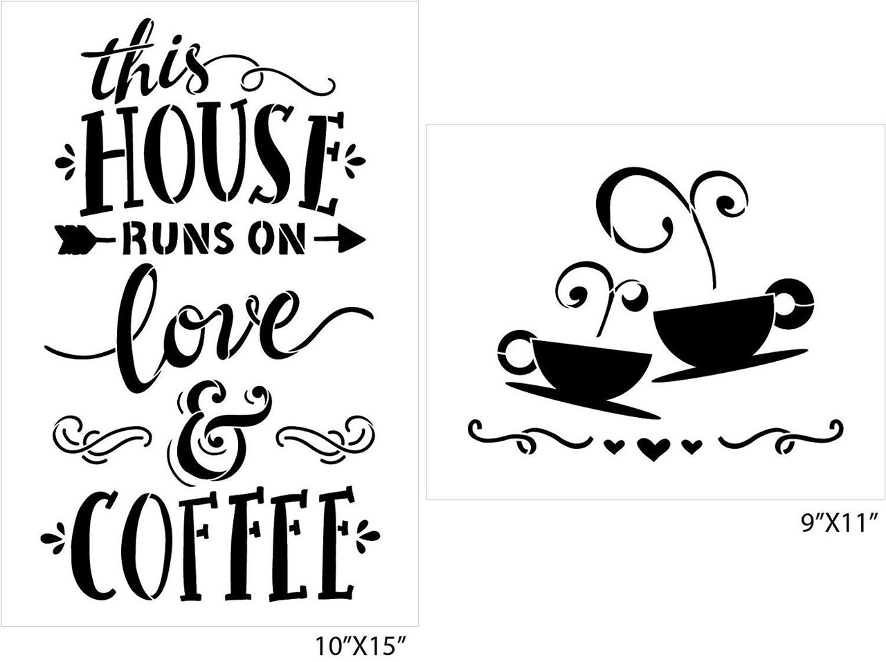This House Runs On Love and Coffee - 2 Piece by StudioR12 | Reusable Mylar Template | Use to Paint Wood Signs - Walls - DIY Kitchen Dining Room Decor