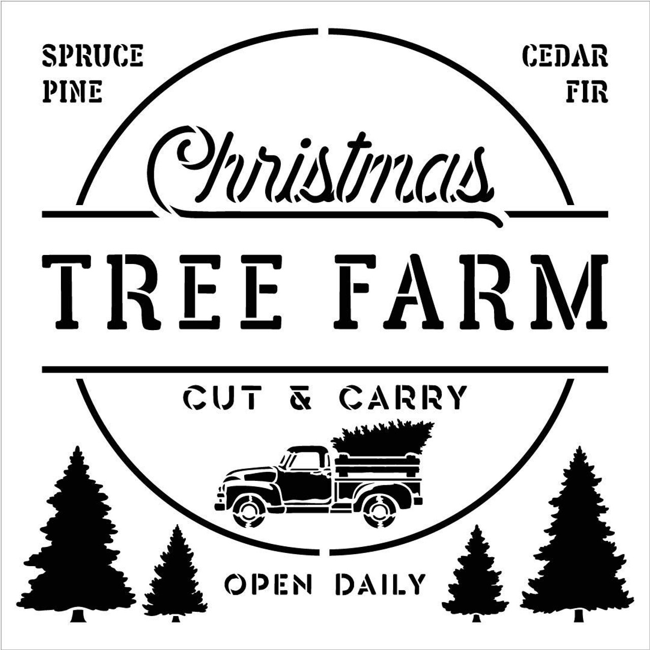 Christmas Tree Farm Stencil with Red Truck by StudioR12 | Cut & Carry | Open Daily | DIY Vintage Holiday Home Decor | Craft & Paint Wood Signs | Reusable Mylar Template | Select Size