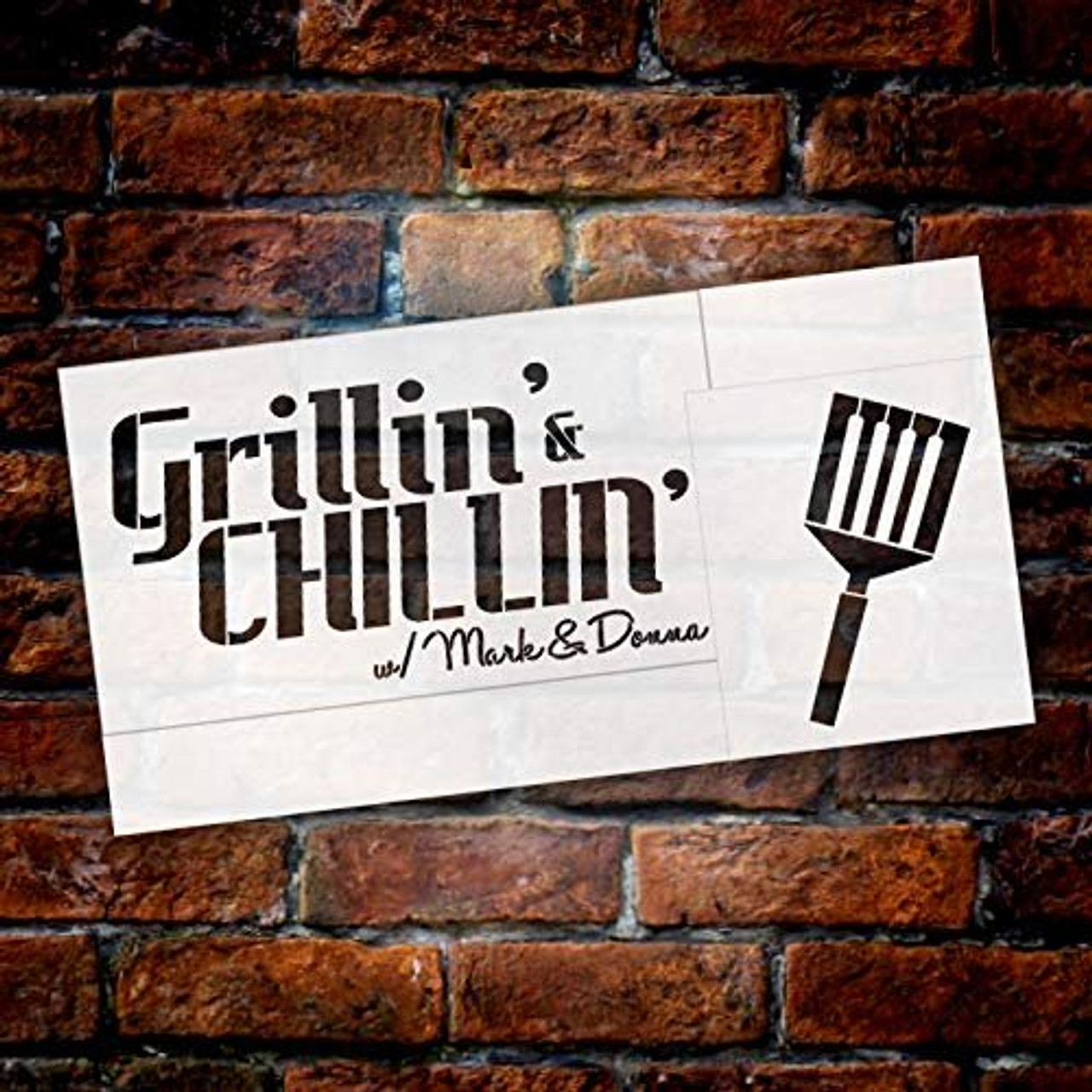 Personalized Grillin' & Chillin' 2-Part Stencil with Spatula | Custom First or Last Name | DIY Home Decor | Outdoor Backyard Patio | Craft & Paint Wood Signs | Reusable Mylar Template | Select Size