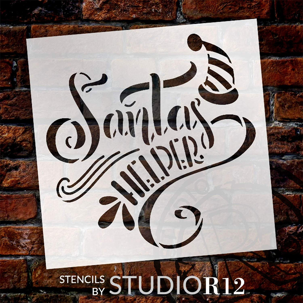 Santa's Helper Stencil with Hat by StudioR12 | DIY Fun Embellished Christmas Home Decor | Farmhouse Holiday Word Art | Craft & Paint Wood Signs | Reusable Mylar Template | Select Size