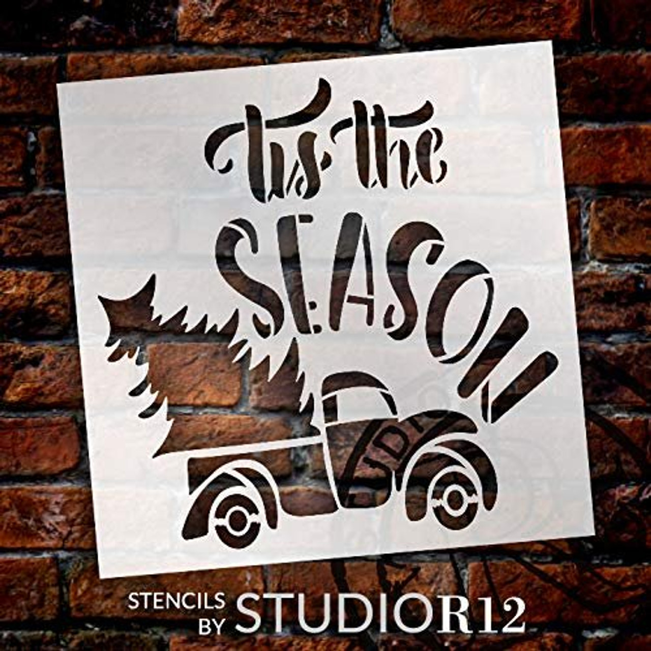 Tis The Season Stencil by StudioR12 | Vintage Red Truck with Christmas Tree | DIY Holiday Farmhouse Home Decor | Craft & Paint Wood Signs | Reusable Mylar Template | Select Size