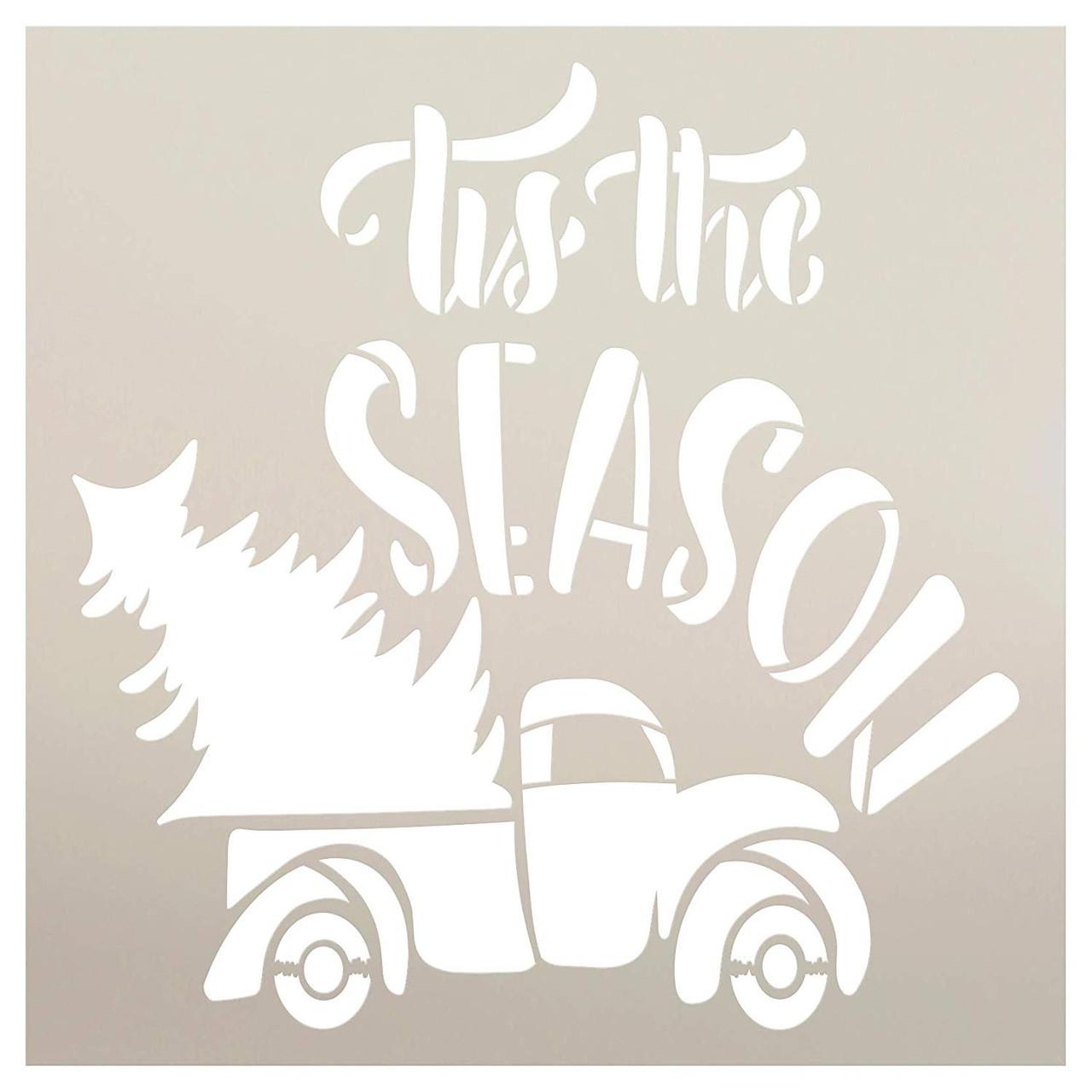 Tis The Season Stencil by StudioR12 | Vintage Red Truck with Christmas Tree | DIY Holiday Farmhouse Home Decor | Craft & Paint Wood Signs | Reusable Mylar Template | Select Size