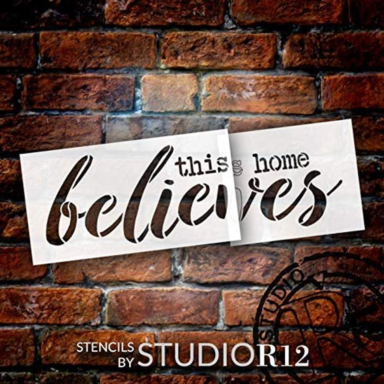 This Home Believes Jumbo 2-Part Stencil by StudioR12 | DIY Rustic Faith Christmas Home Decor & Gift | Craft & Paint Oversize Holiday Wood Signs | Reusable Mylar Template | Extra Large | 40 x 14 inch