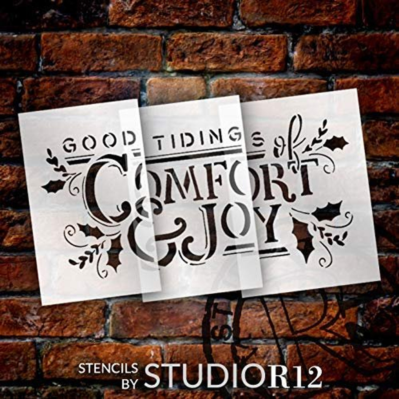 Tidings of Comfort & Joy Jumbo 3-Part Stencil with Holly by StudioR12 | DIY Christmas Word Art Home Decor | Paint Oversize Holiday Wood Signs | Reusable Mylar Template | Extra Large | 42 x 24 inch