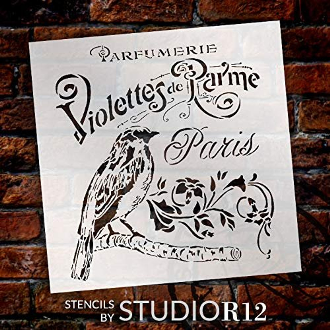 French Paris Antique Bird Stencil with Flowers by StudioR12 | DIY Vintage Script Ephemera Home Decor & Furniture | Violet Parfumerie | Paint Wood Sign | Mylar Template | Select Size