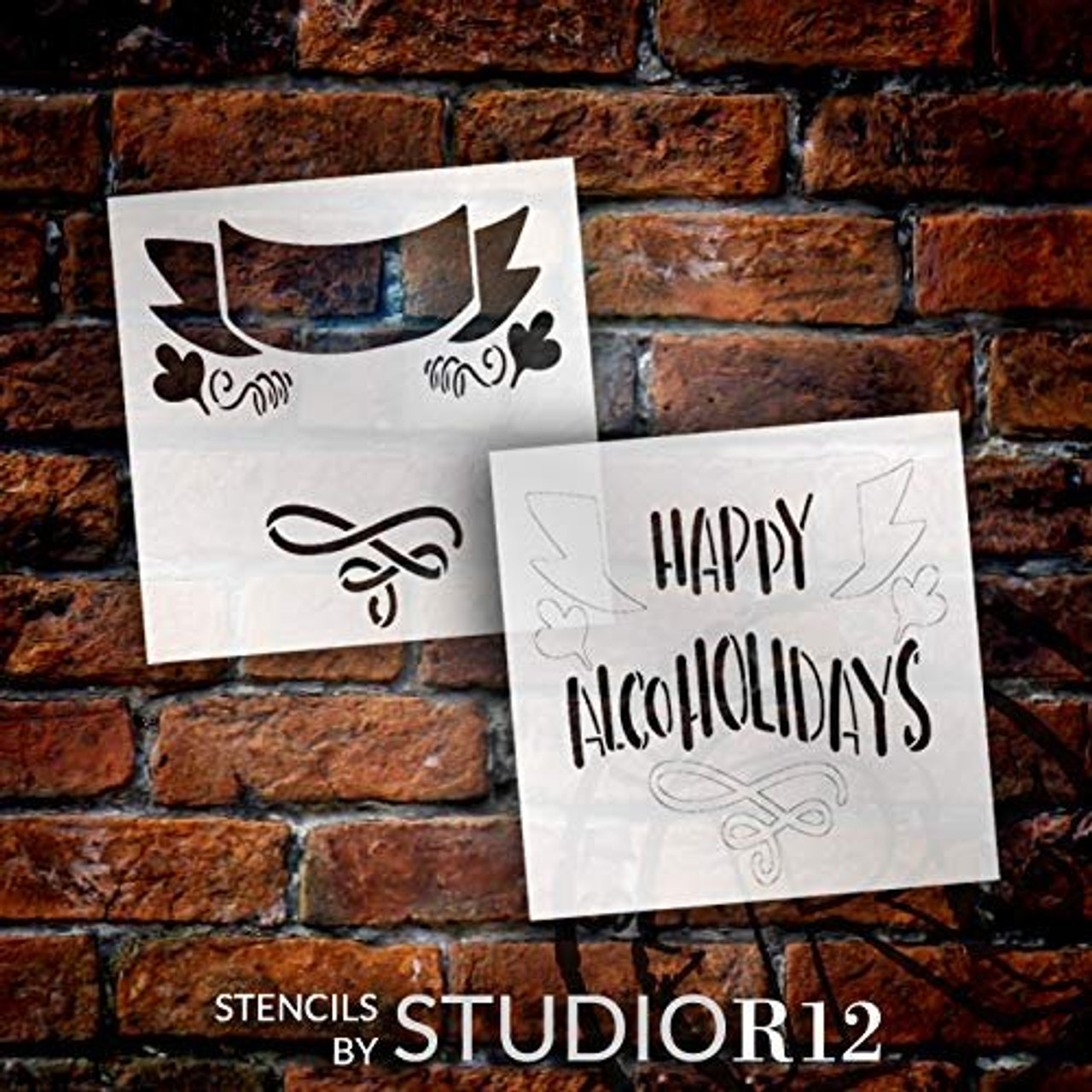 Happy Alcoholidays 2-Part Stencil with Banner by StudioR12 | DIY Fun Christmas Quote Home Decor | Embellished Holiday Word Art | Craft & Paint Wood Signs | Reusable Mylar Template | Size (9 x 9 inch)