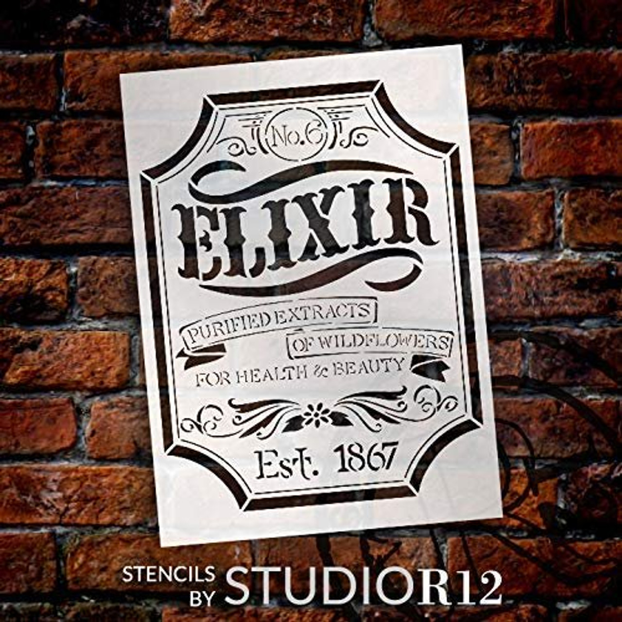 Vintage Victorian Elixir Stencil by StudioR12 | DIY Old Ephemera Home Decor & Furniture | Embellished Apothecary Label Word Art | Craft & Paint Wood Sign | Mylar Template | Size