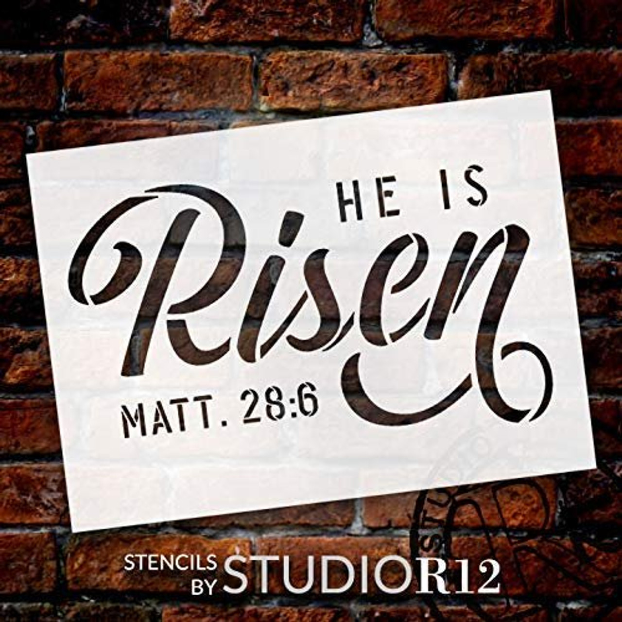 He is Risen Stencil by StudioR12 | DIY Christian Spring Home Decor | Rustic Bible Verse Word Art | Matthew 28:6 | Craft & Paint Farmhouse Wood Signs | Mylar Template | Select Size