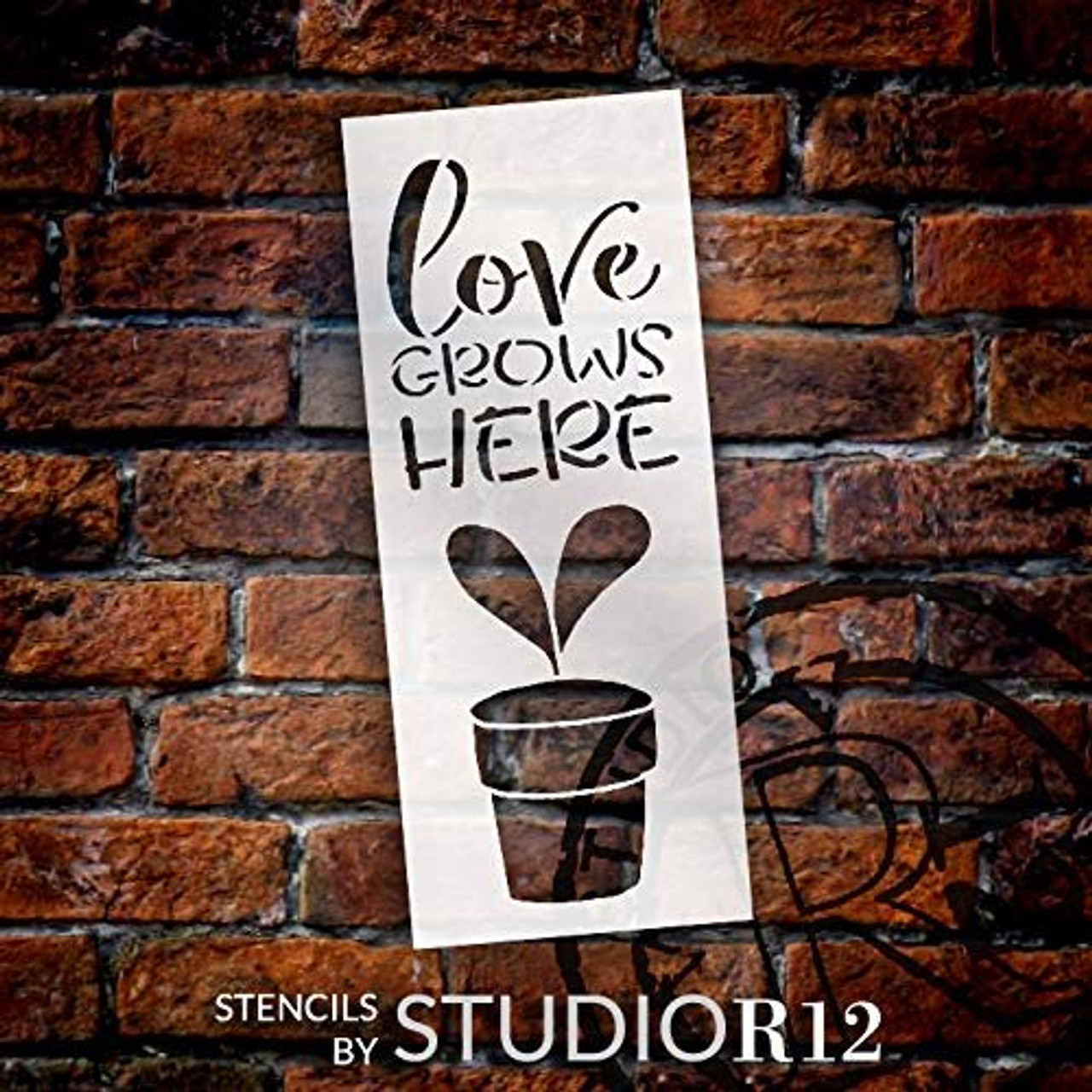 Love Grows Here Stencil with Flower by StudioR12 | DIY Farmhouse Spring Kitchen & Home Decor | Craft & Paint Garden Wood Signs | Reusable Mylar Template | Select Size