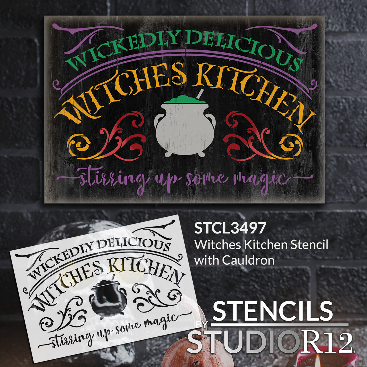 Witches Kitchen Stencil with Cauldron by StudioR12 | DIY Halloween Home Decor | Paint Fall & Autumn Holiday Wood Signs | Select Size