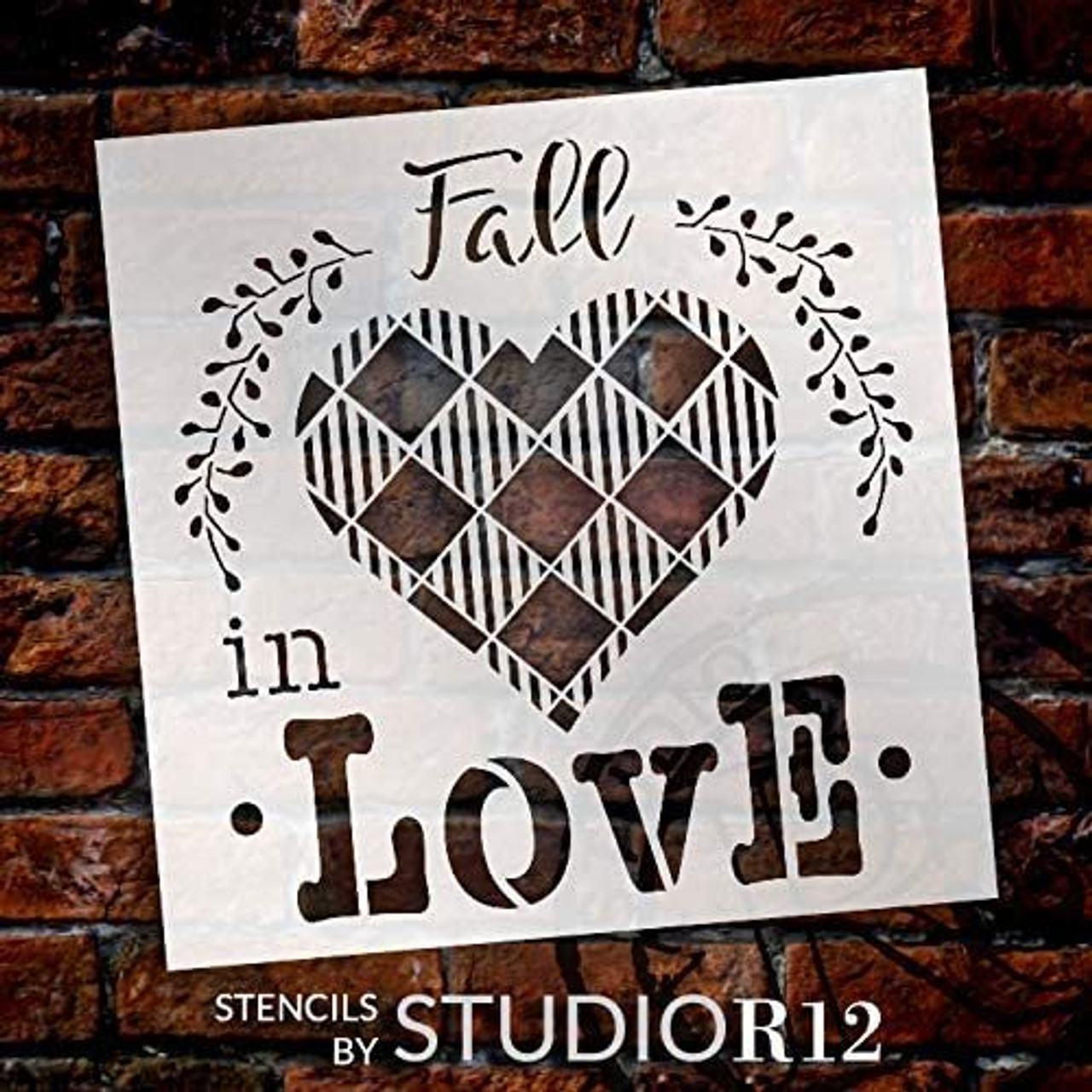 Fall in Love Stencil with Buffalo Plaid by StudioR12 | DIY Autumn Home Decor | Paint Wood Signs | Reusable Mylar Template | Select Size