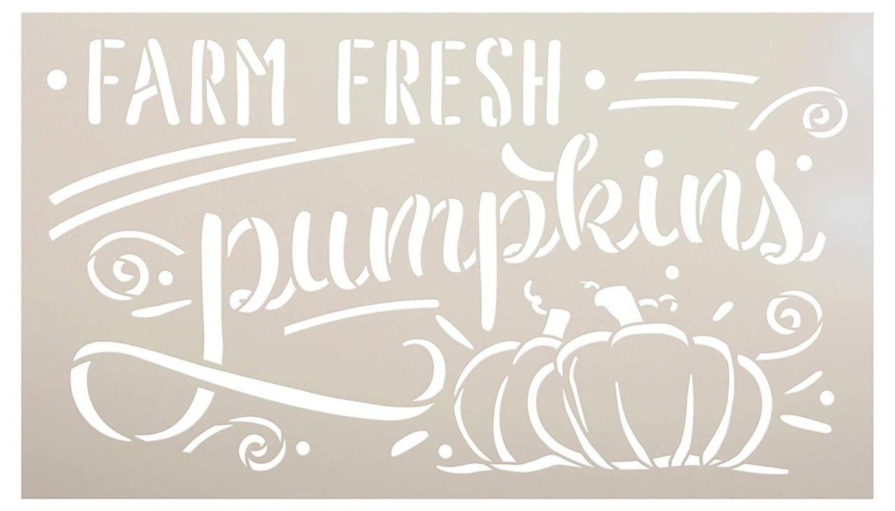 Farm Fresh Pumpkins Stencil by StudioR12 | DIY Farmhouse Fall Script Home Decor | Paint Autumn Harvest Wood Signs | Select Size