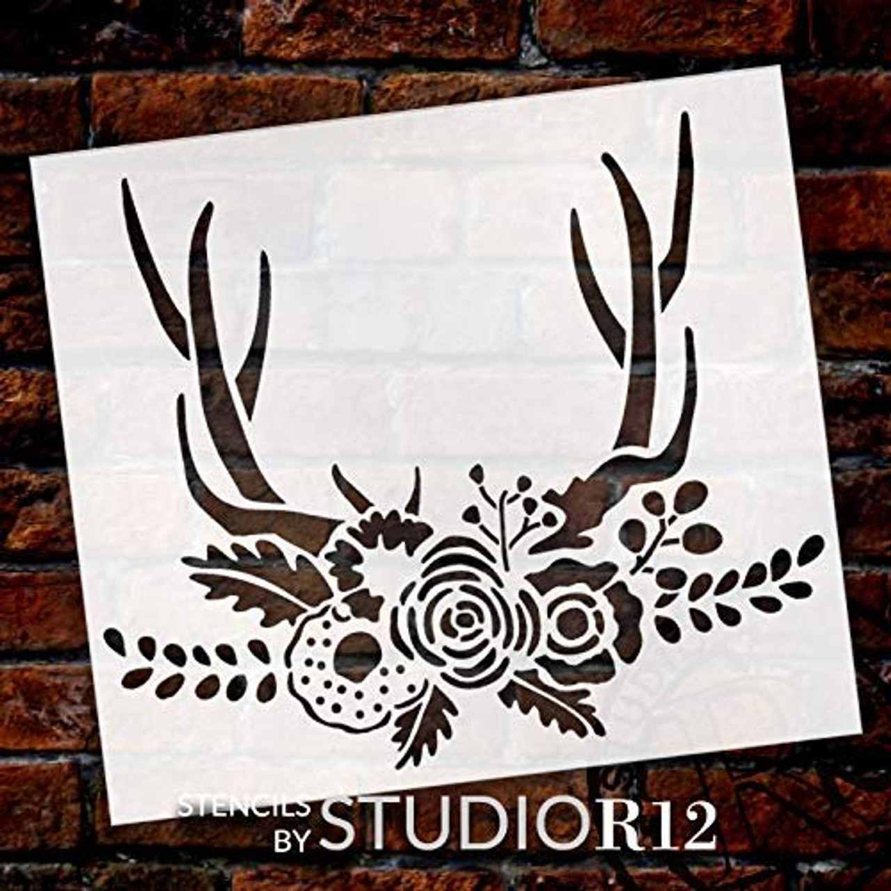 Boho Antlers & Flower Laurels Stencil by StudioR12 | DIY Rustic Vine Deer Rose Gift | Garden Floral Home Decor | Craft Nature Hunter Farmhouse | Reusable Mylar Template | Paint Wood Sign