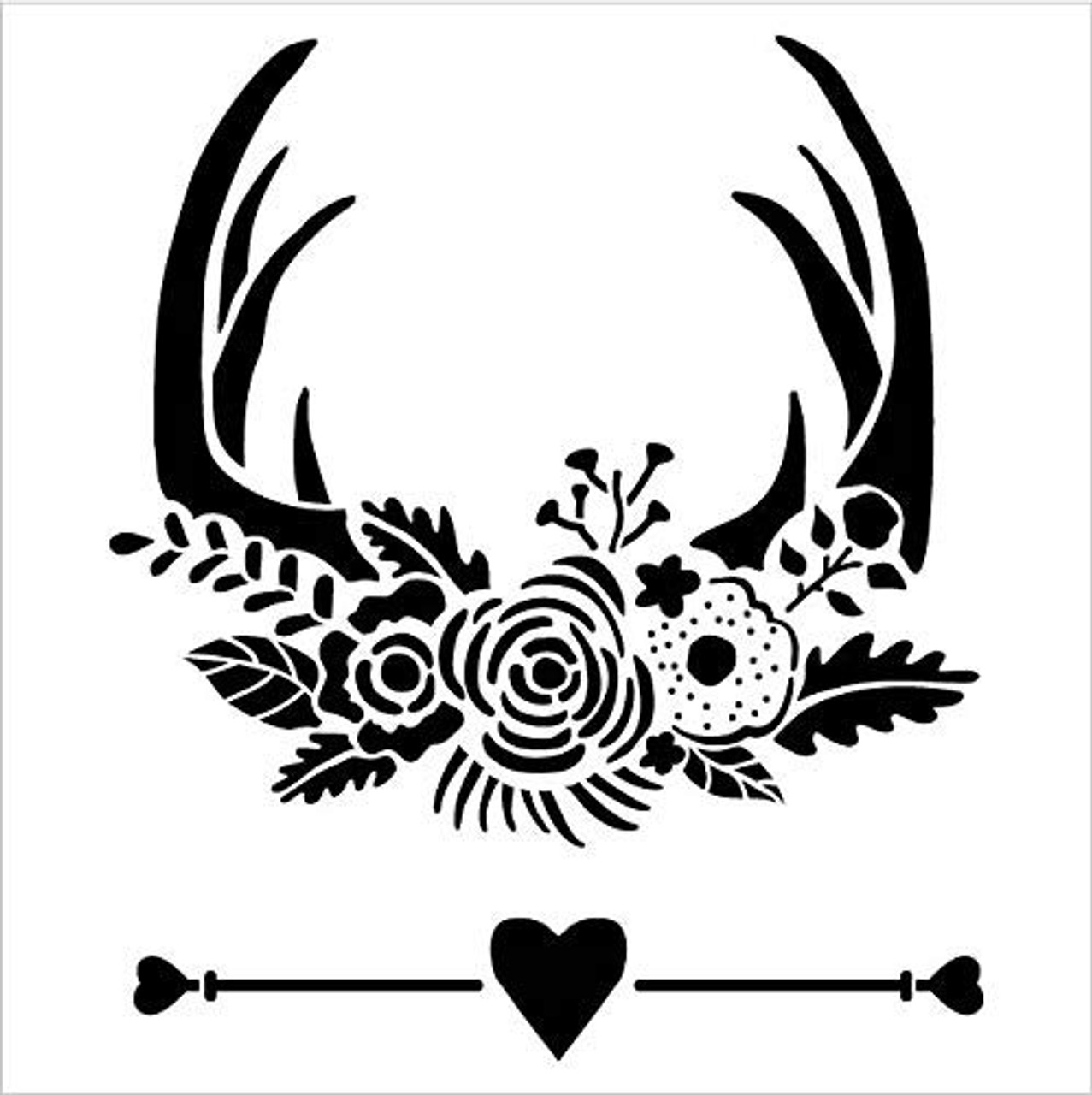 Deer Rack with Flowers and Heart Stencil by StudioR12 | Rustic Antler Nature Gift | Craft DIY Farmhouse Wall Art | Floral Hunting Home Decor | Reusable Mylar Template | Paint Wood Sign