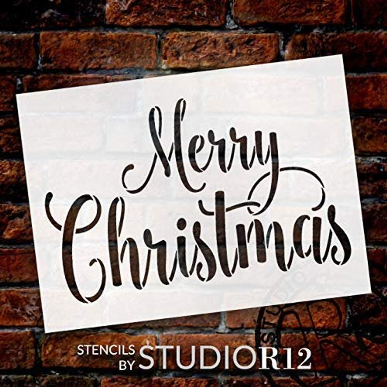 Merry Christmas Stencil by StudioR12 | Reusable Mylar Template Paint Wood Sign | Craft Seasonal Cursive Script Word Art Gift | DIY Holiday Home Decor - Living Room | Select Size