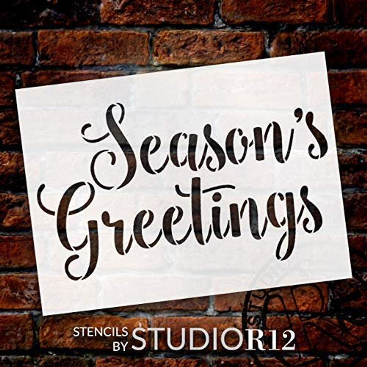 Seasons Greetings Stencil by StudioR12 - Cursive Script | Reusable Mylar Template | Paint Wood Sign | Craft Christmas Word Art Gift | Rustic DIY Holiday Home Decor | Select Size