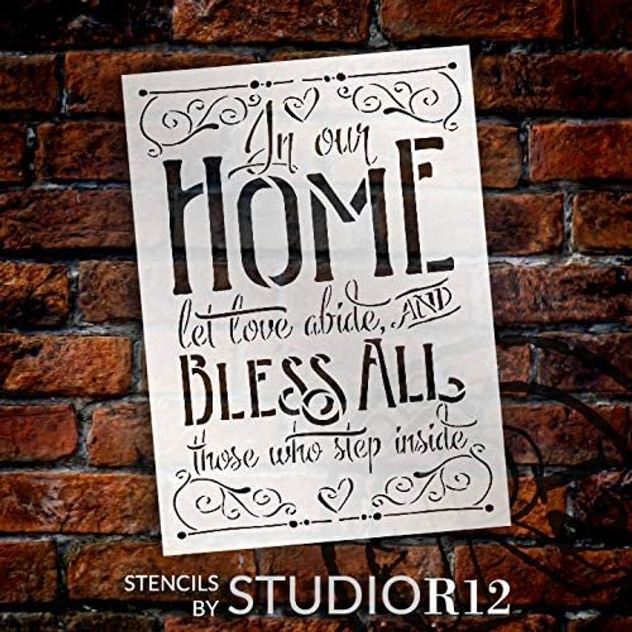 in Our Home - Bless All Stencil by StudioR12 | DIY Welcome Love Decor | Craft & Paint Wood Signs | Reusable Mylar Template | Cursive Script Heart Gift | Select Size (22.5 inches x 16.25 inches)