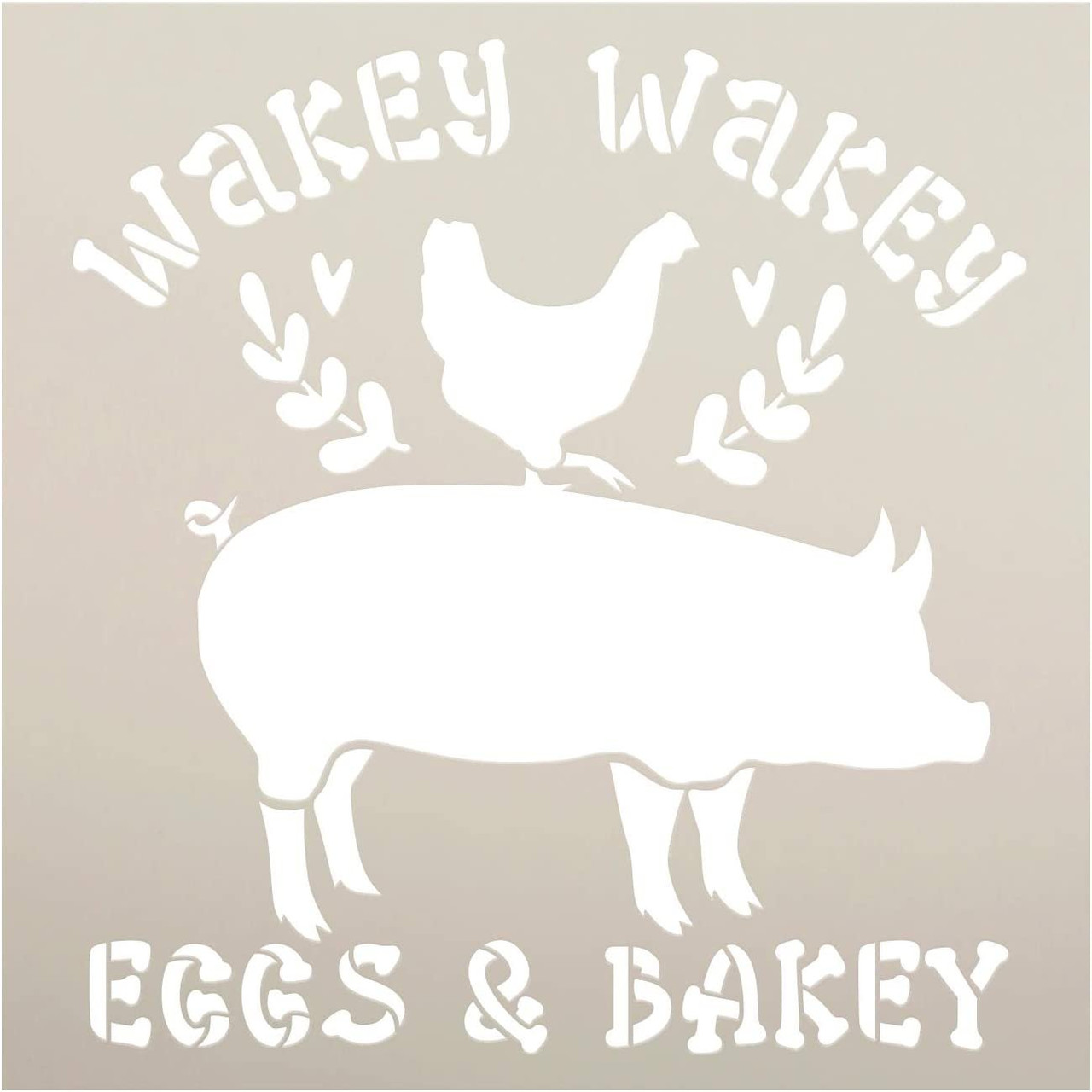 Wakey Eggs & Bakey Stencil by StudioR12 | DIY Farmhouse Home Decor - Pig - Chicken | Craft & Paint Wood Sign | Reusable Mylar Template | Laurel Heart | Kitchen | Select Size