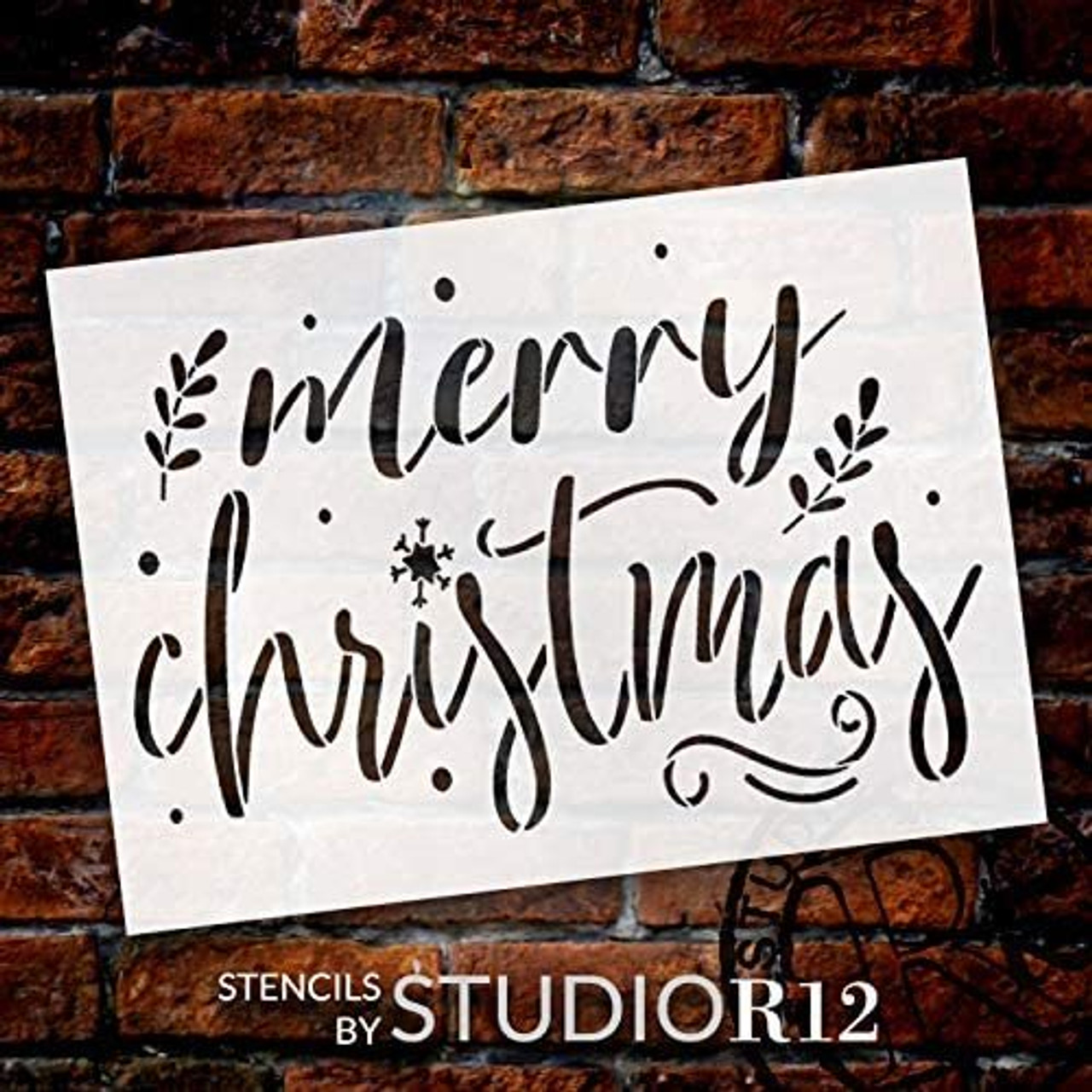 Merry Christmas Stencil by StudioR12 | DIY Holiday Laurel Home Decor | Craft & Paint Wood Sign | Reusable Mylar Template | Winter Snow Cursive Script Gift | Select Size