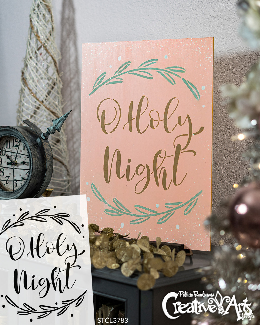 O Holy Night Stencil by StudioR12 | DIY Christmas Carol Holiday Home Decor | Craft & Paint Wood Sign Reusable Mylar Template | Mistletoe Wreath Cursive Script Select Size