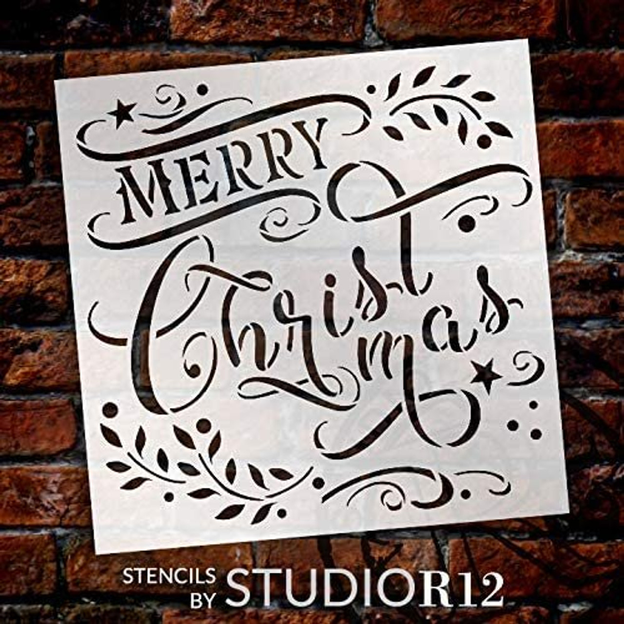 Merry Christmas Stencil by StudioR12 | DIY Winter Holiday Foliage Home Decor | Craft & Paint Wood Sign | Reusable Mylar Template | Snowy Branch Cursive Script Gift Select Size