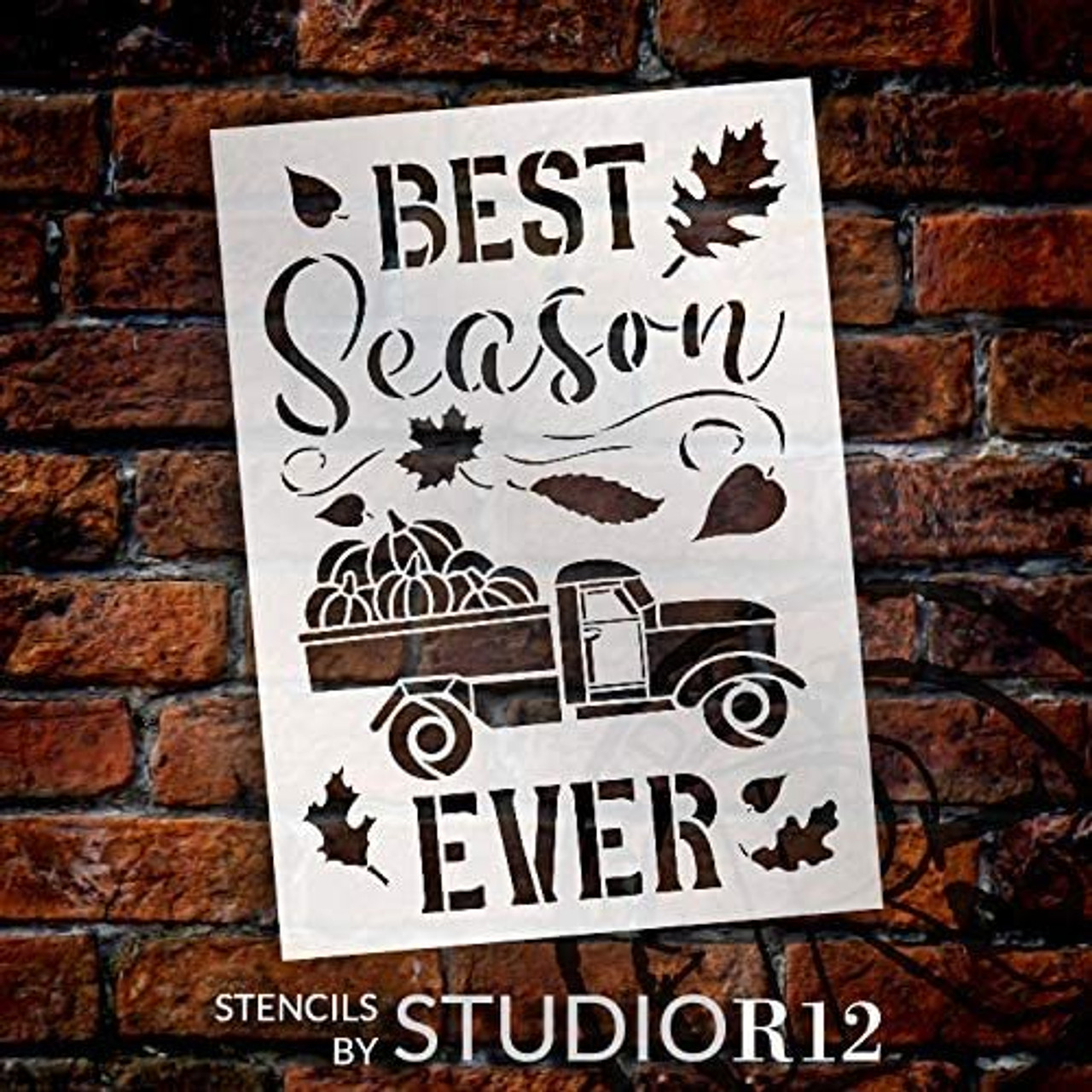 Best Season Ever Stencil by StudioR12 | DIY Fall Pumpkin Truck Farmhouse Home Decor | Craft & Paint Wood Sign | Reusable Mylar Template | Autumn Leaves Cursive Select Size