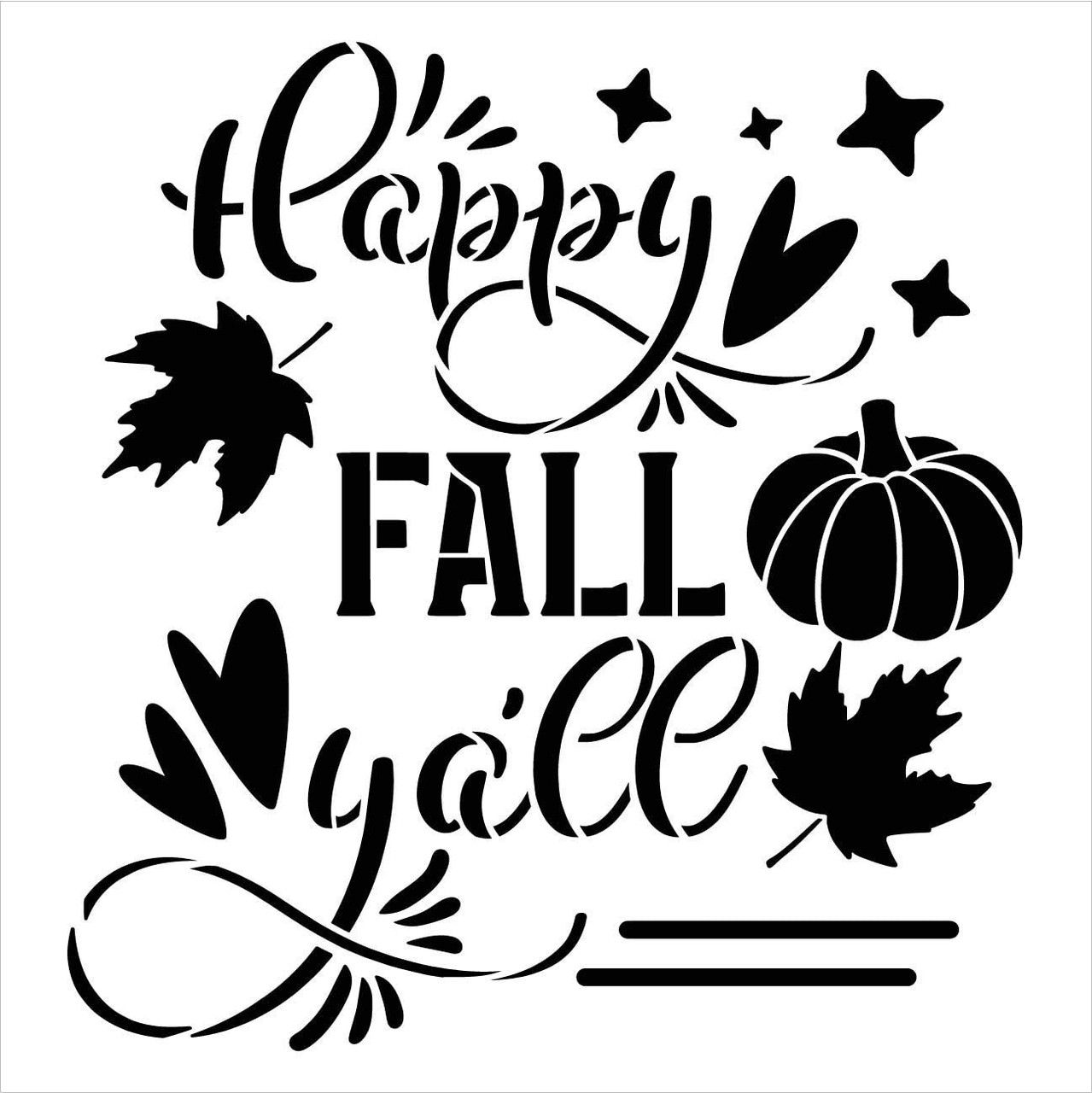 Happy Fall Yall Stencil by StudioR12 | DIY Autumn Farmhouse Home Decor | Craft & Paint Wood Sign | Reusable Mylar Template | Leaves Heart Pumpkin Cursive Script | Select Size