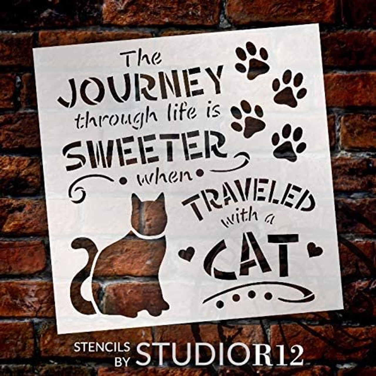 Journey Sweeter Traveled with Cat Stencil by StudioR12 | DIY Kitten Lover Home Decor | Craft & Paint Wood Sign | Reusable Mylar Template | Pawprint Heart Gift | Select Size