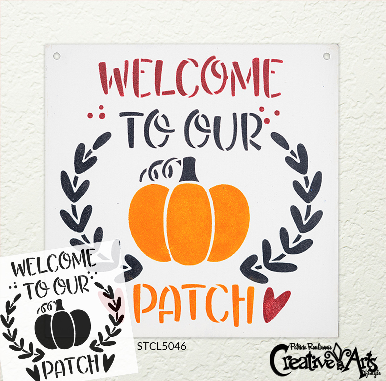 Welcome to Our Patch Stencil by StudioR12 | DIY Autumn Pumpkin Home Decor | Craft & Paint Wood Sign | Reusable Mylar Template | Fall Laurel Wreath Heart Gift | Select Size