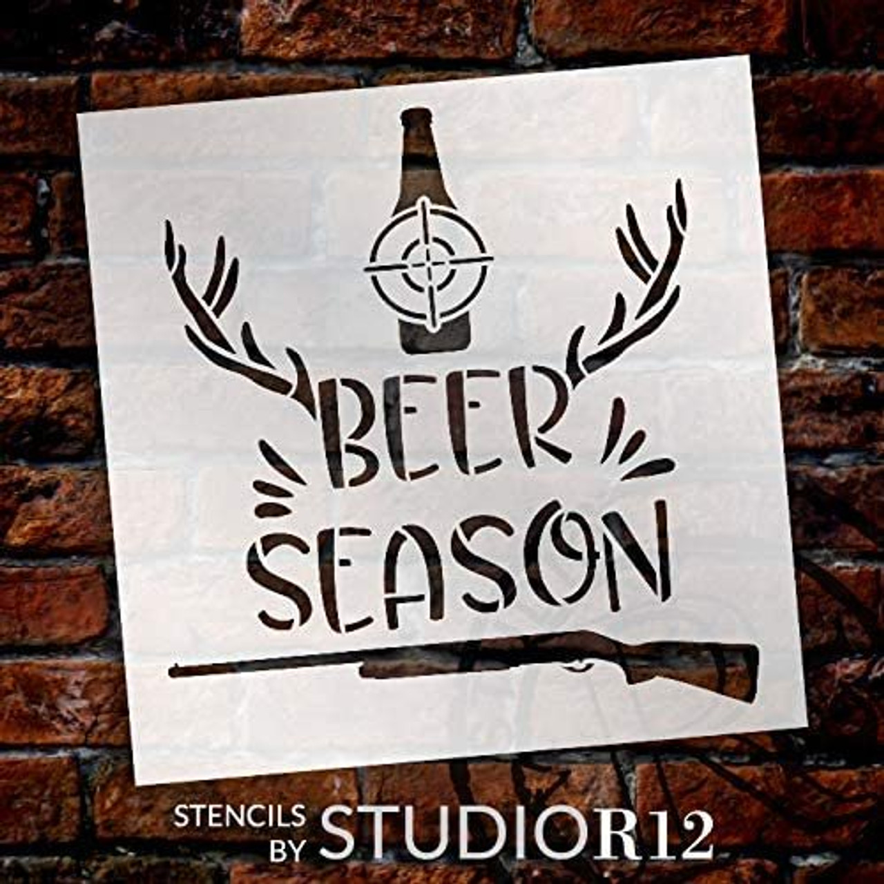 Beer Season Stencil by StudioR12 | DIY Hunting Deer Antler Shotgun Home Decor Gift | Craft Paint Wood Sign Reusable Mylar Template | Select Size