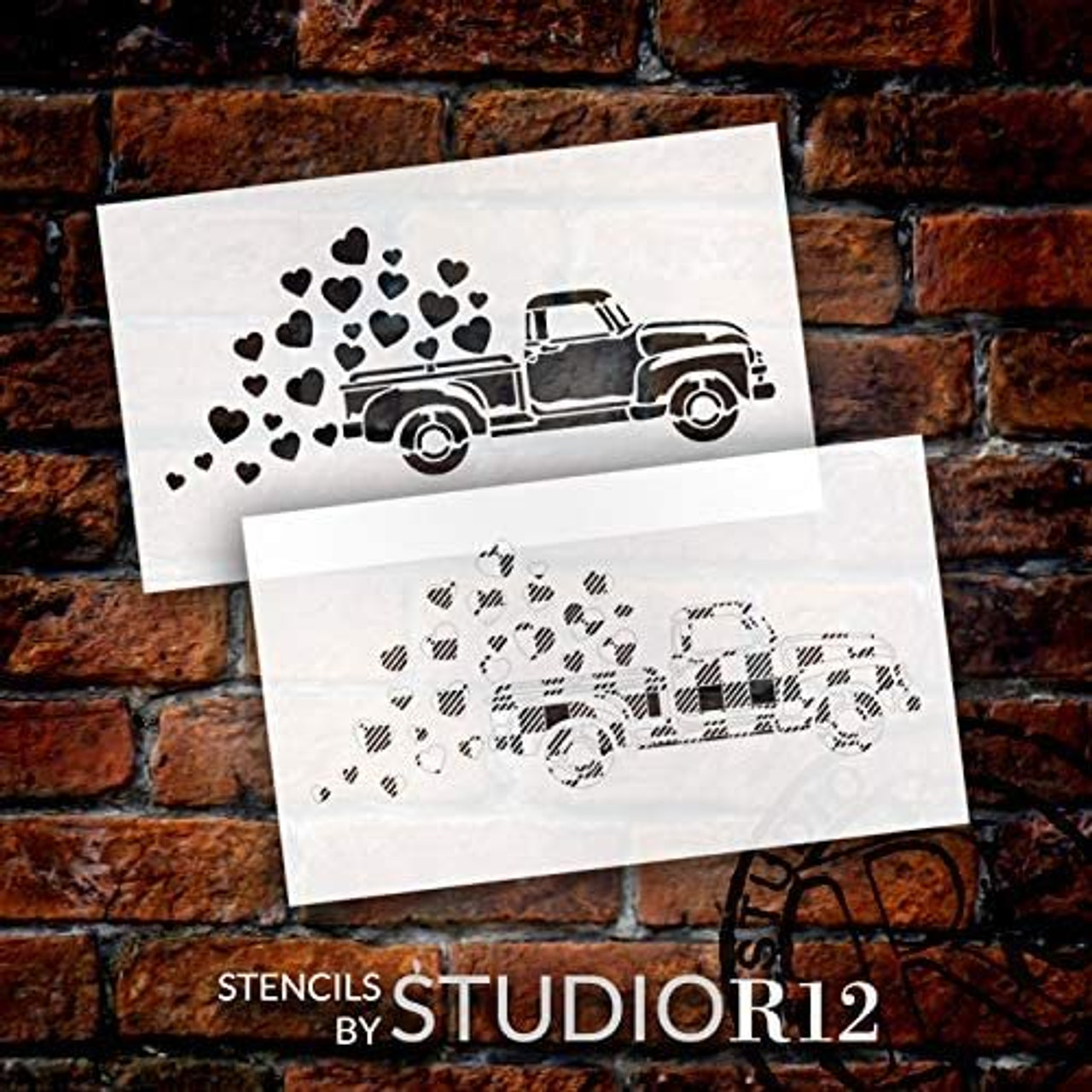 Valentine Truck Plaid 2-Part Stencil by StudioR12 | DIY Heart Home Decor Gift | Craft & Paint Wood Sign | Reusable Mylar Template | (21 x 12 INCHES)