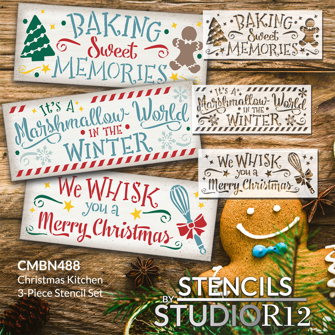 Christmas Kitchen 3-Piece Stencil Set by StudioR12 | DIY Holiday Bake Home Decor Gift | Craft & Paint Wood Sign | Reusable Mylar Templates Select Size